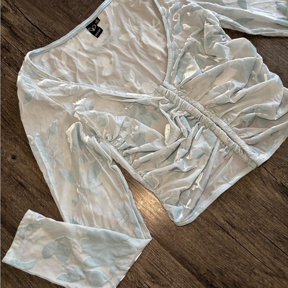 Windsor Flocked Floral Mesh Long Sleeve Corset Sky Blue Top NWOT - Picture 5 of 10